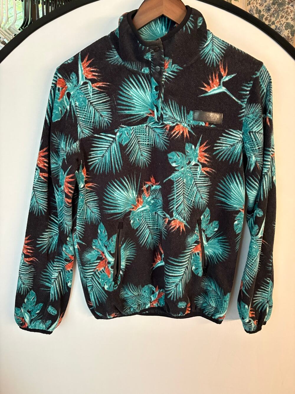 Kavu Fleece Pullover Snap Mock Neck Tropical Palm Floral Gorpcore Retro Outdoor